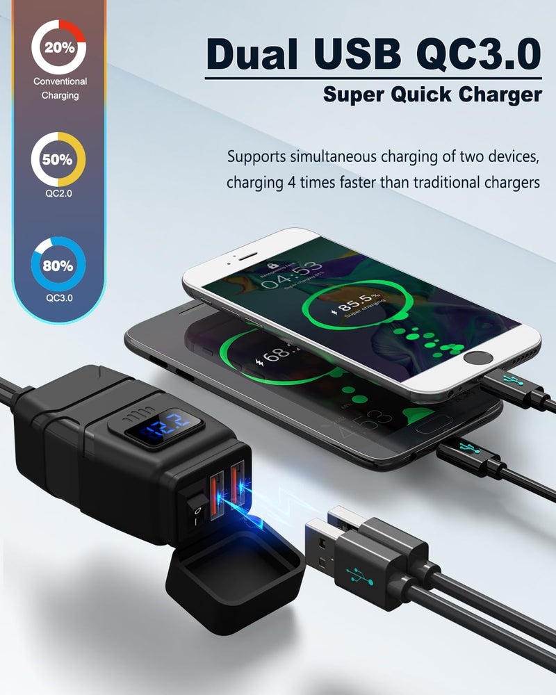 EXTRACTME Motorcycle USB Charger, 6.8A Quick Charge 3.0 Dual USB Motorcycle Phone Charger with Voltmeter & ON/Off Switch, Waterproof Quick Disconnect SAE to USB Adapter for Phone, Tablet, GPS - Blue - Image 2